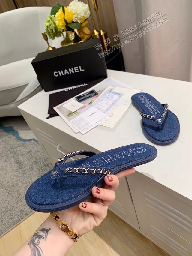 Chanel女鞋 香奈兒2020 春季新款 牛仔鏈條人字拖鞋  naq1249